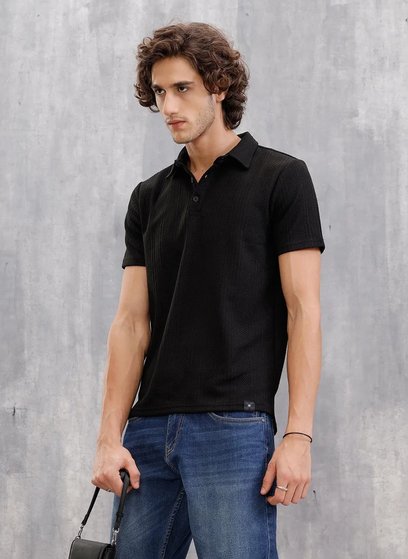 Wrogn Jacquard Textured Knit Polo In Slim Fit  |  Black